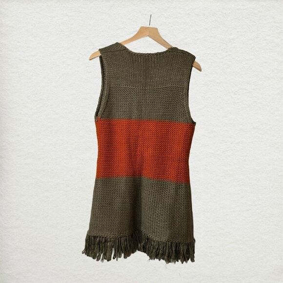 Aryeh Boho Fringe Knit Vest Orange & Olive Colorblock Open Cardigan Top Sz M Y2K - Picture 4 of 10